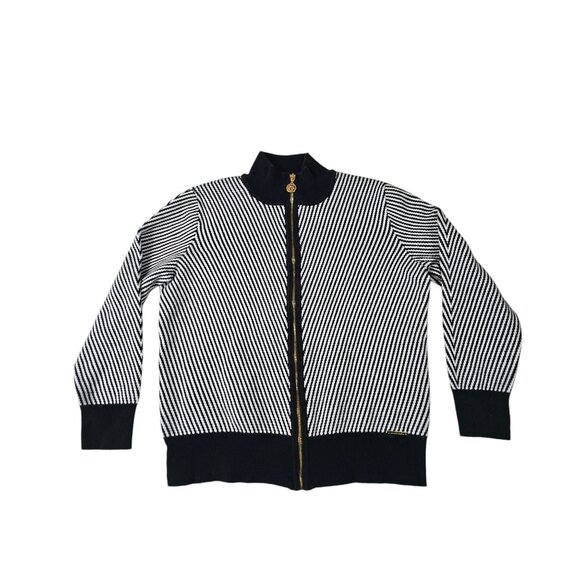 Anne Klein Striped Zip-Up Mock Neck Sweater  Size PM Black/White Women's - Picture 1 of 11